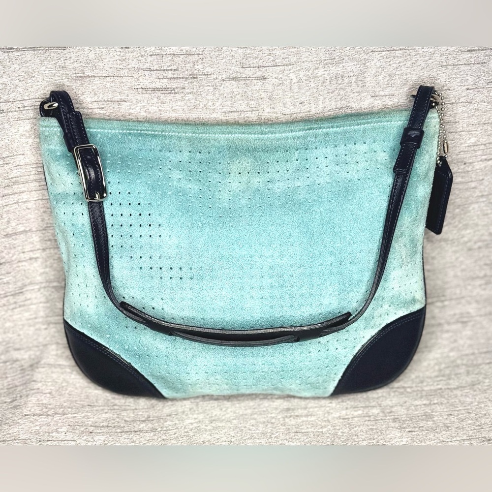 Coach Vintage “Made in Italy” Aqua Blue Suede and Navy Leather Shoulder Bag